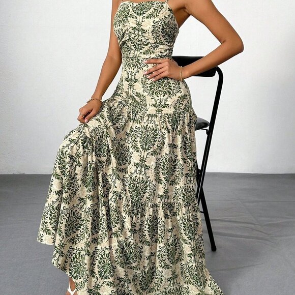 Army Green Boho Women's Vacation Printed Bohemian Backless Maxi Cami Dress - Picture 9 of 9
